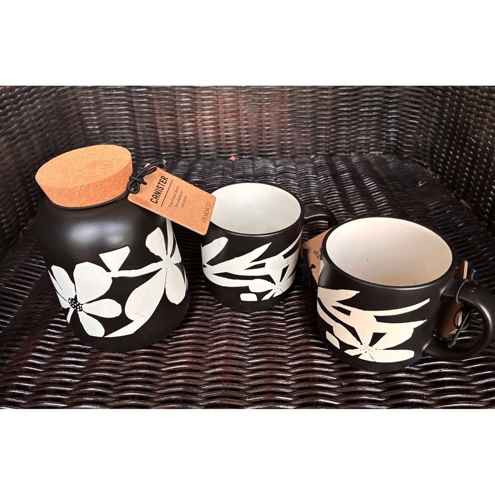 DEMDACO Black White Floral Ceramic Canister and 2 Mug Set Matte Stoneware NEW